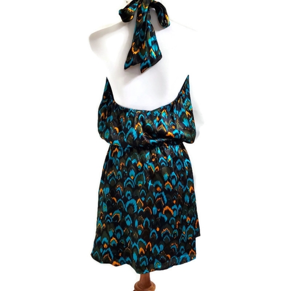 Whitney Eve Blue Peacock Print 100% Silk Mini Halter Dress Size L - Picture 2 of 7